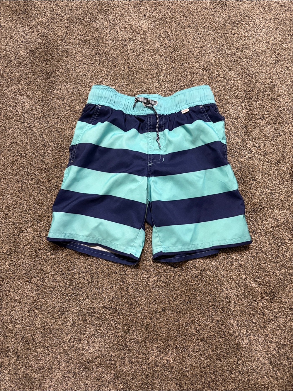 Boys Cat & Jack Navy and Teal Wide-Stripe Swim Trunks Size M 10/12